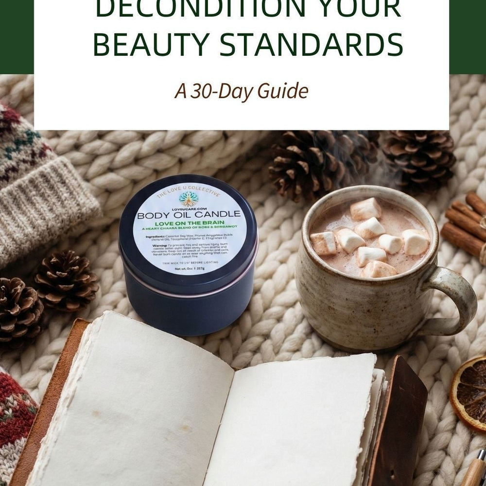 Cozy winter self-care setup with Love on the Brain candle for heart chakra healing.