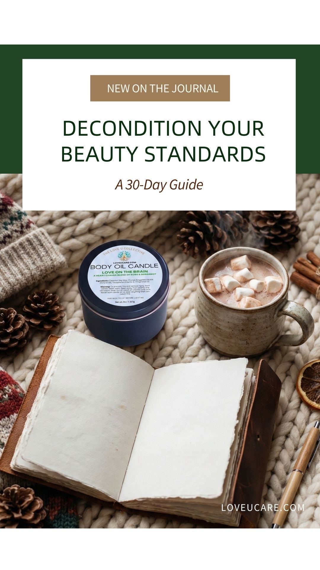 Cozy winter self-care setup with Love on the Brain candle for heart chakra healing.