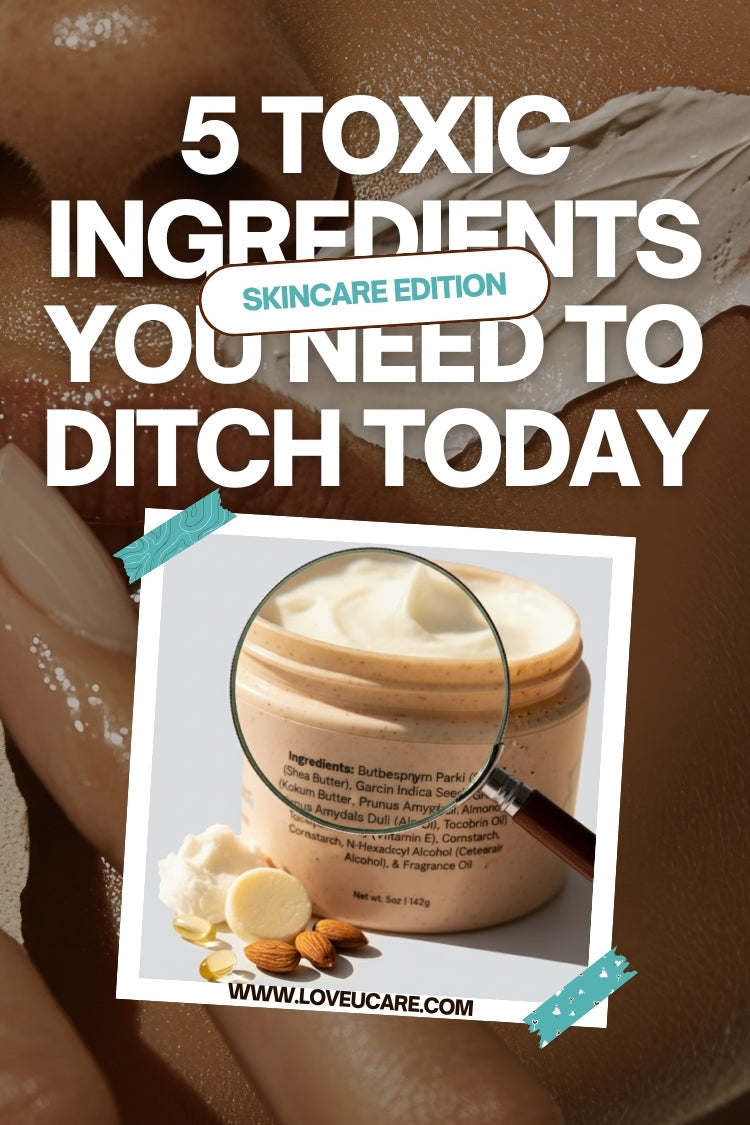 List of 5 toxic ingredients to avoid for a healthier lifestyle, featuring bold graphics and clear text.