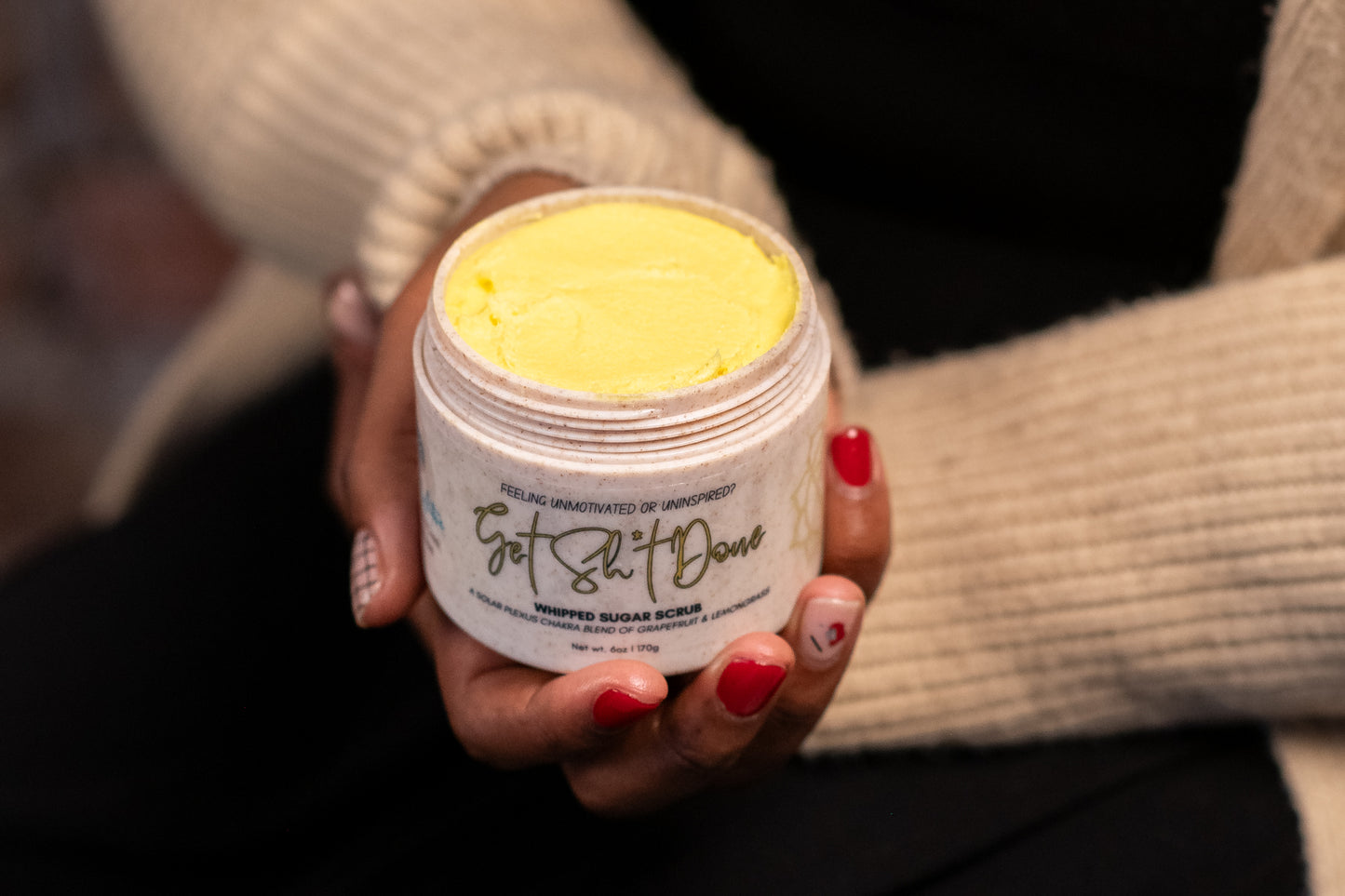Close up of Get Sh*t Done 3-in-1 sugar scrub texture for Solar Plexus chakra balancing and exfoliation