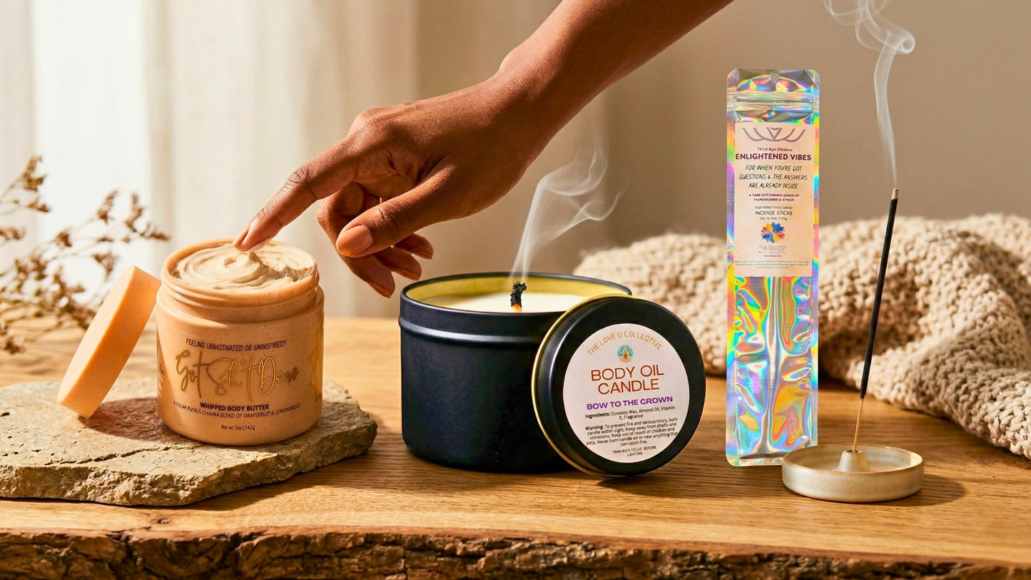 Aromatherapy ritual set featuring Get Sh*t Done root chakra body butter, Bow to the Crown candle with smoke, and Enlightened Vibes natural incense on a wood surface with soft morning sunlight.