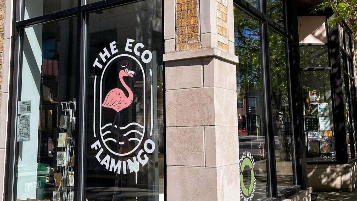 The Eco Flamingo storefront in Chicago, a local eco-friendly stockist of The Love U Collective chakra skincare.